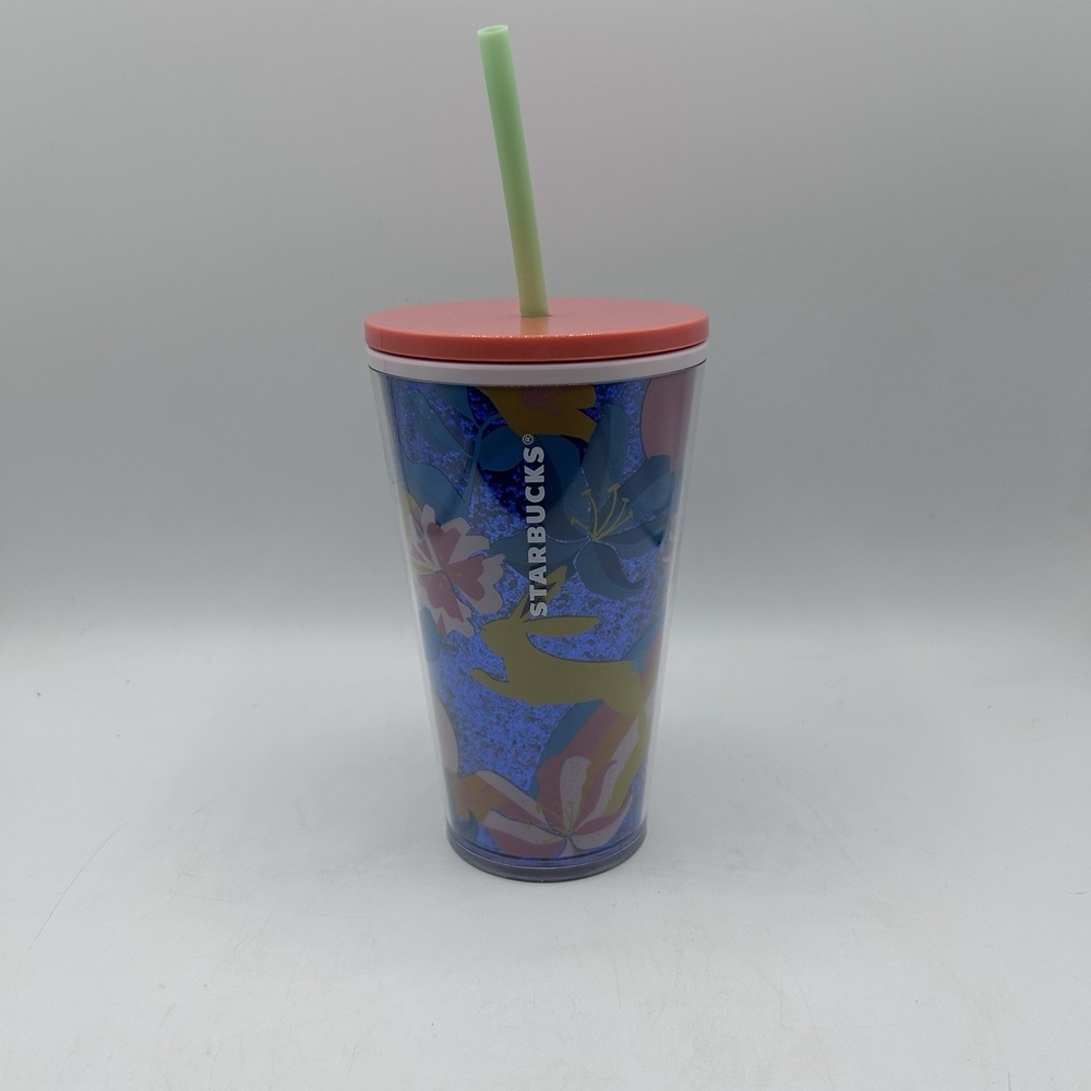 Starbucks Straw Cup Tumbler Spring 2021 16oz‎ With Straw Bunny Glitter Floral